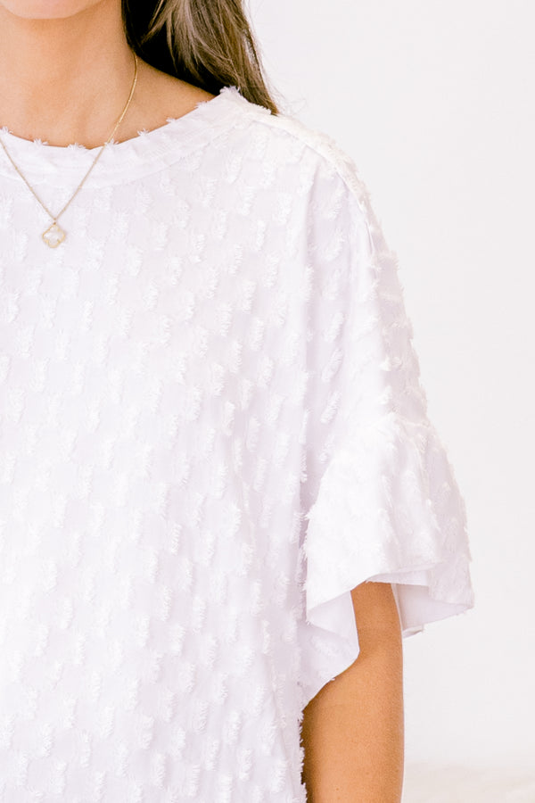 Chic Soul plus size clothing, white short sleeve textured dotted print top with ruffle detail on bottom of sleeves with round neckline