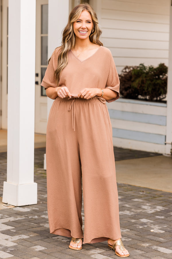 Chic Soul plus size clothing, short sleeve light mocha top with v neckline and cuff sleeves