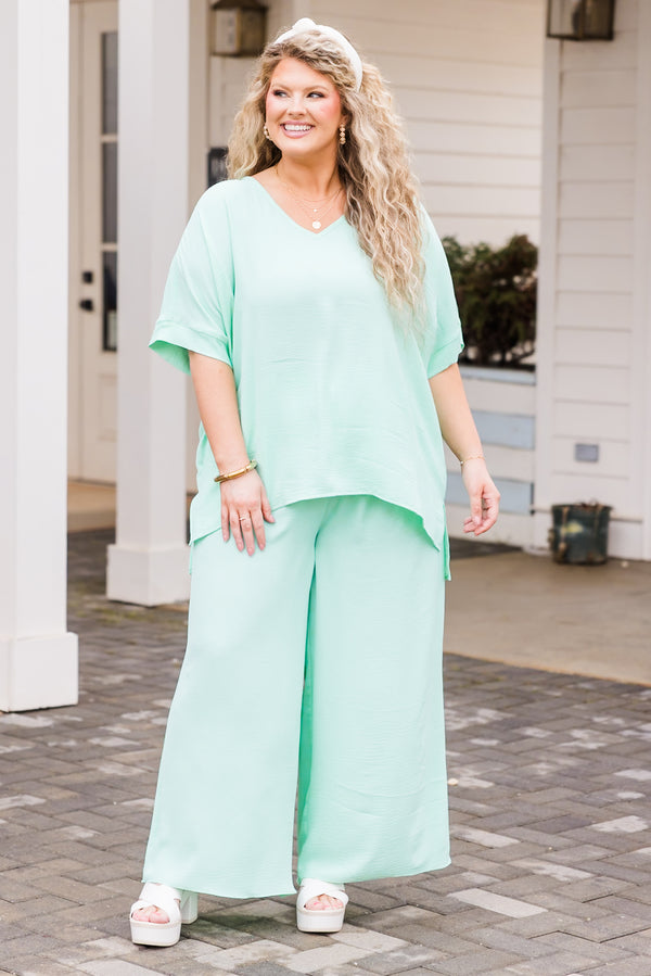 Chic Soul plus size clothing, mint short sleeve top with v neckline with cuff sleeves