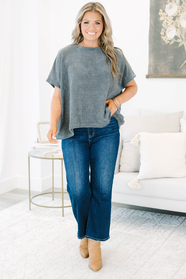 Ash grey textured chenille dolman top with short sleeves and a relaxed, oversized fit.