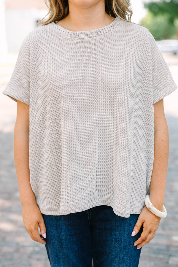 Plus Size ash mocha short sleeve  knit sweater top with a relaxed fit and textured fabric.