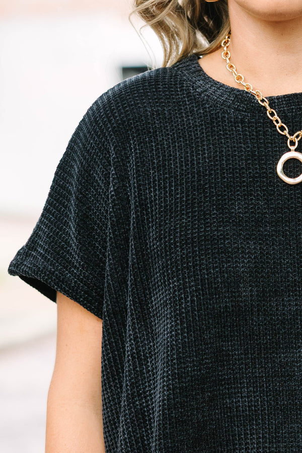 Plus Size black short sleeve chenille knit sweater top with a relaxed fit and textured fabric.