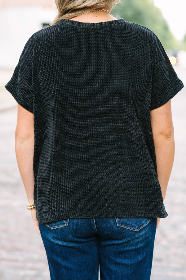 Plus Size black short sleeve chenille knit sweater top with a relaxed fit and textured fabric.