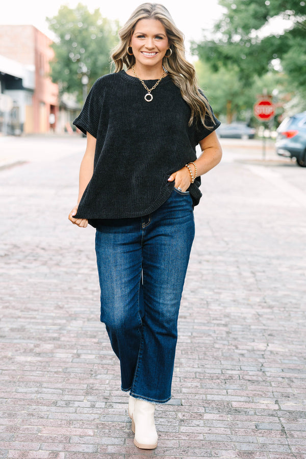 Plus Size black short sleeve chenille knit sweater top with a relaxed fit and textured fabric.
