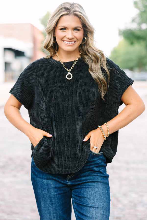 Plus Size black short sleeve chenille knit sweater top with a relaxed fit and textured fabric.