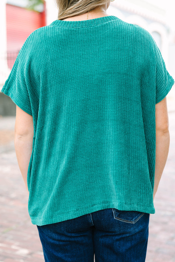 Plus Size hunter green short sleeve chenille knit sweater top with a relaxed fit and crew neckline.