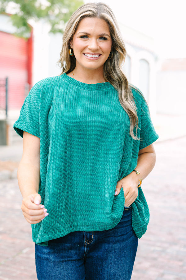 Plus Size hunter green short sleeve chenille knit sweater top with a relaxed fit and crew neckline.