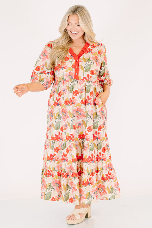 Chic Soul plus size clothing, fuchsia tiered maxi dress with bubble sleeves a floral pattern and a red ruffle detail going along the v-neckline and down to the bottom of the chest as well as buttons going down the center of the chest 
