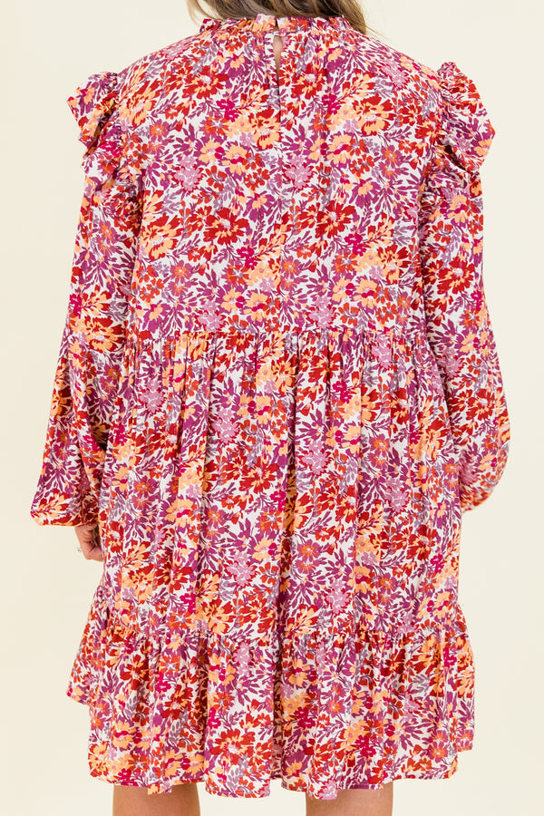 Chic Soul plus size clothing, long-sleeve maroon ruffled baby doll dress with smocked neckline and ruffled detailing on shoulders with abstract orange and maroon floral paisley pattern