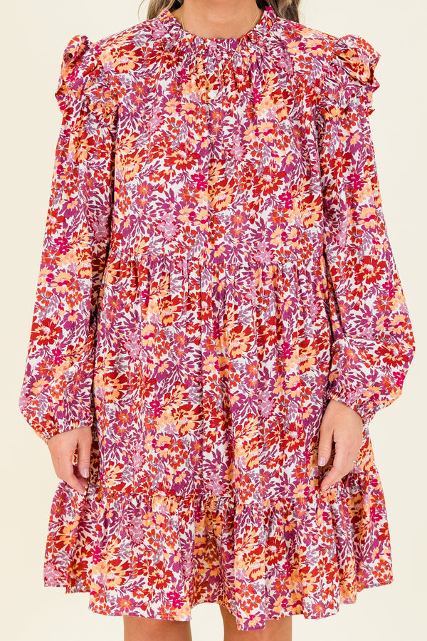 Chic Soul plus size clothing, long-sleeve maroon ruffled baby doll dress with smocked neckline and ruffled detailing on shoulders with abstract orange and maroon floral paisley pattern
