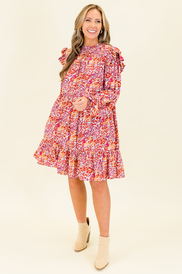 Chic Soul plus size clothing, long-sleeve maroon ruffled baby doll dress with smocked neckline and ruffled detailing on shoulders with abstract orange and maroon floral paisley pattern