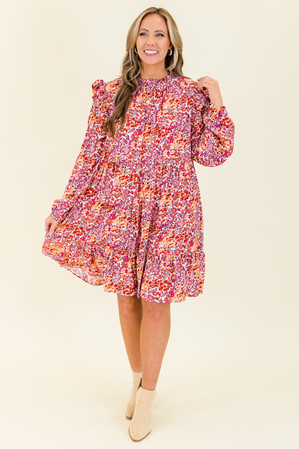 Chic Soul plus size clothing, long-sleeve maroon ruffled baby doll dress with smocked neckline and ruffled detailing on shoulders with abstract orange and maroon floral paisley pattern