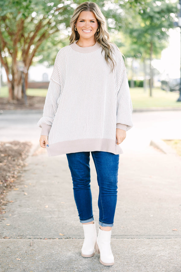Plus Size oversized ash mocha and white vertical striped knit sweater with ribbed trim.