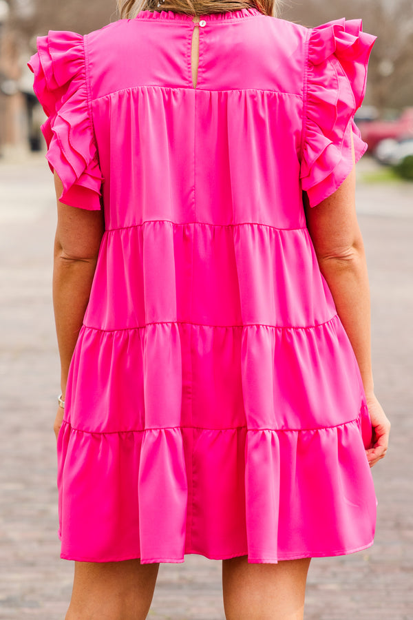 Chic Soul plus size clothing, pink short tiered dress with flutter sleeves