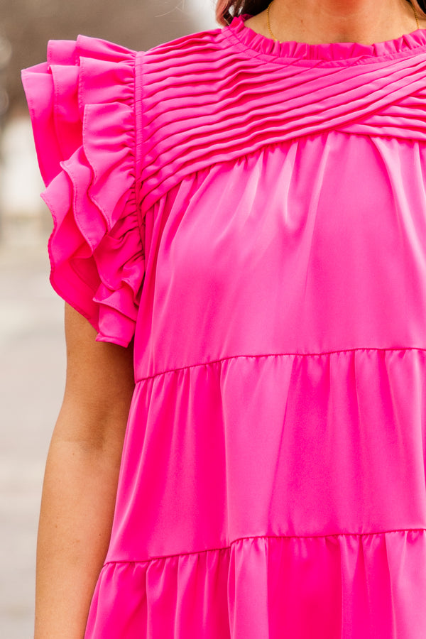 Chic Soul plus size clothing, pink short tiered dress with flutter sleeves
