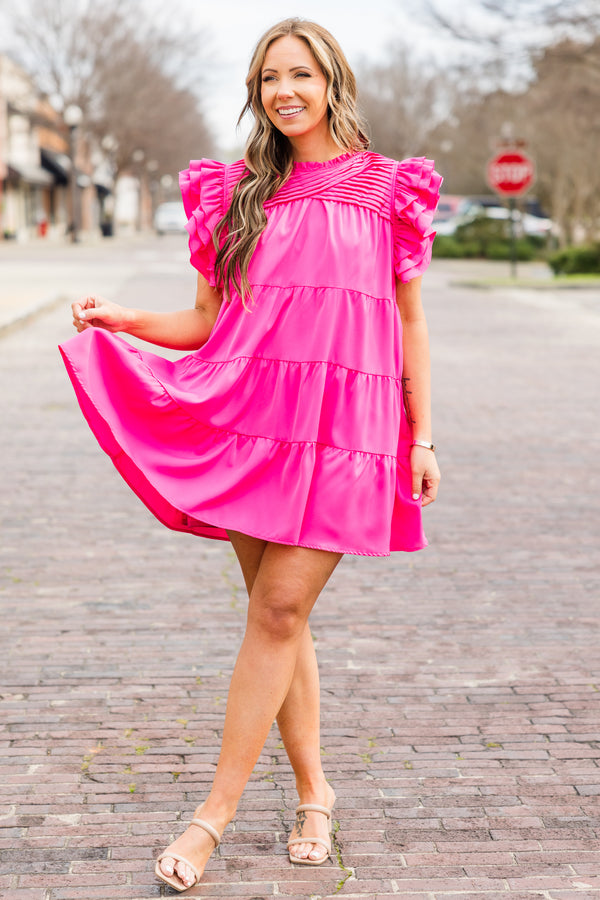 Chic Soul plus size clothing, pink short tiered dress with flutter sleeves