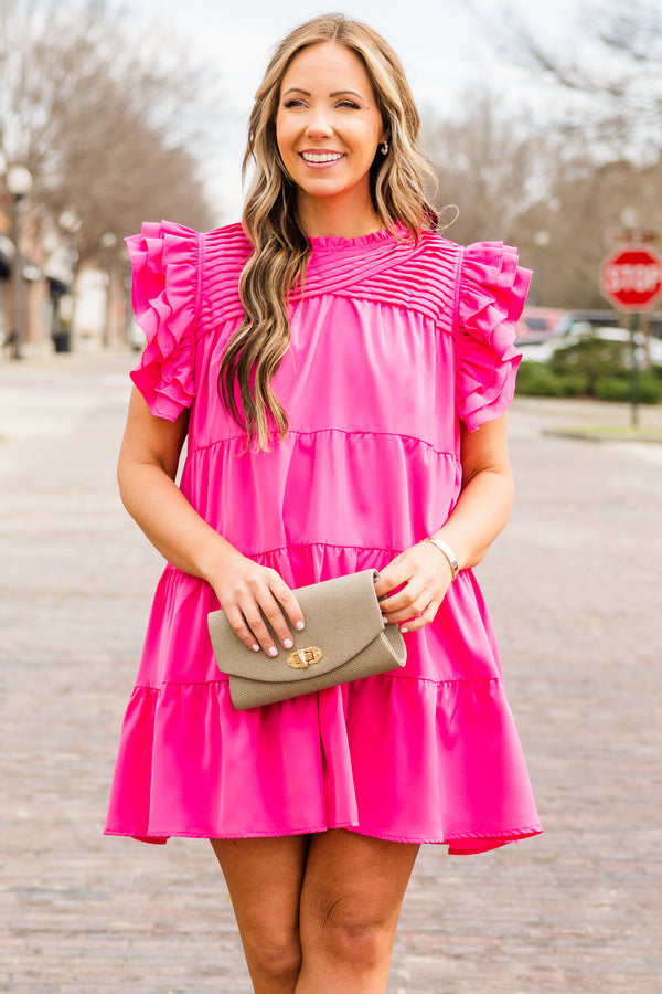 Chic Soul plus size clothing, pink short tiered dress with flutter sleeves