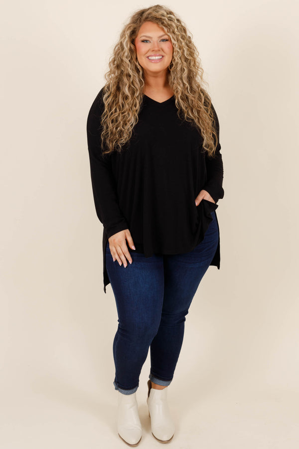 Chic Soul plus size clothing, soft black long sleeve top with slight v neckline and slits on the bottom sides