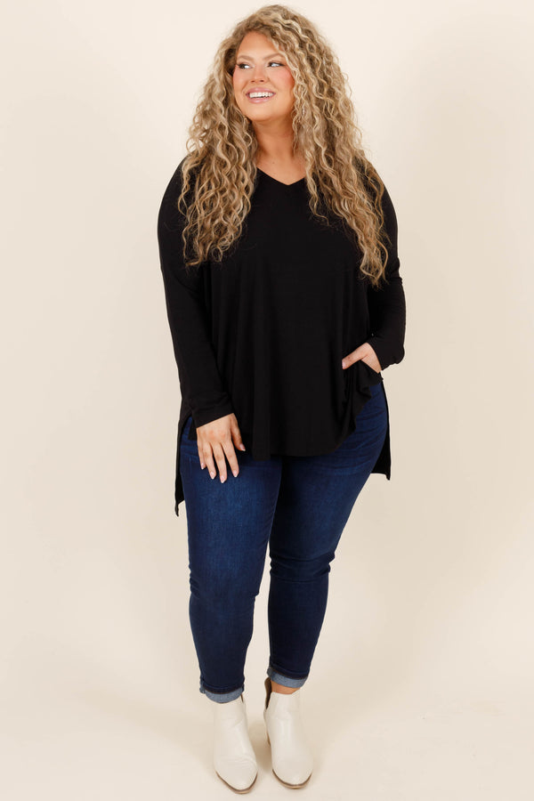 Chic Soul plus size clothing, soft black long sleeve top with slight v neckline and slits on the bottom sides