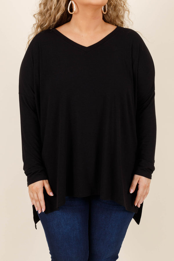 Chic Soul plus size clothing, soft black long sleeve top with slight v neckline and slits on the bottom sides