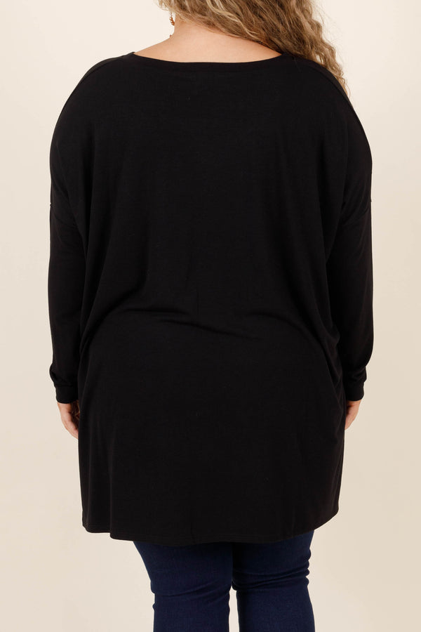 Chic Soul plus size clothing, soft black long sleeve top with slight v neckline and slits on the bottom sides