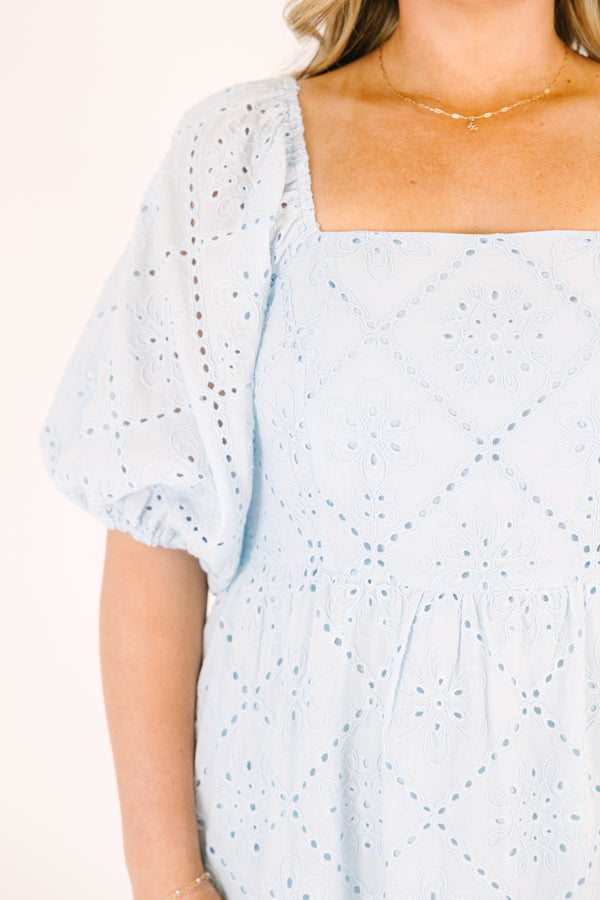 Chic Soul plus size clothing, baby blue maxi dress with a square neckline and short bubble sleeves as well as an eyelet pattern throughout 