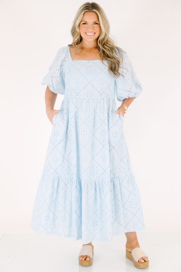 Chic Soul plus size clothing, baby blue maxi dress with a square neckline and short bubble sleeves as well as an eyelet pattern throughout 