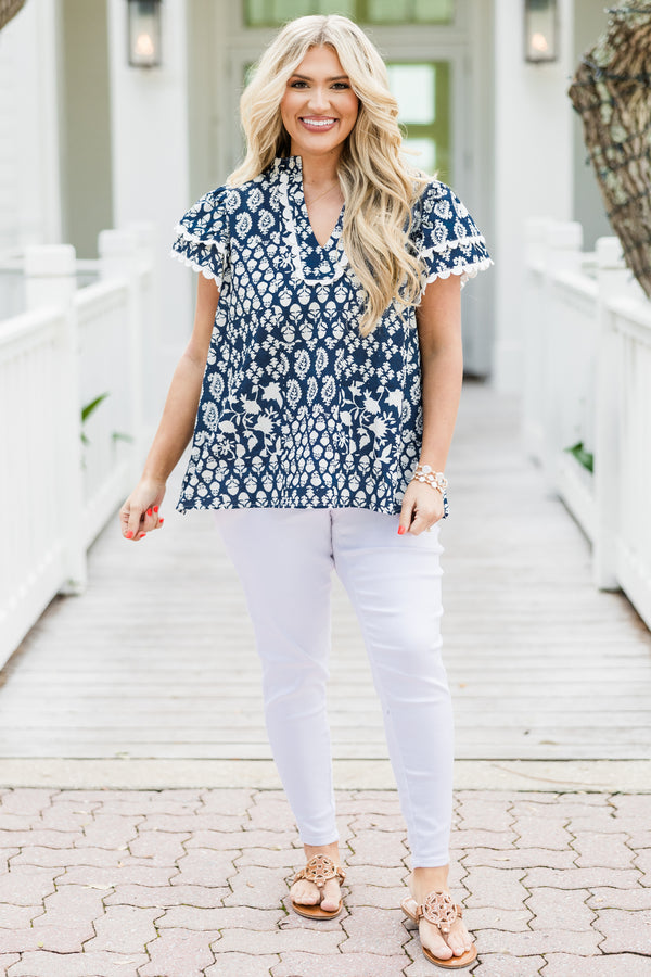 Chic Soul plus size clothing, short-flutter-sleeve blue top with a split-v-neckline and a high collar with a white abstract paisley pattern 