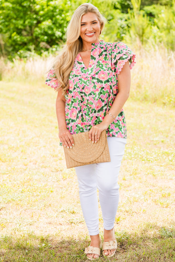 Chic Soul plus size clothing, green and pink floral short sleeve top with pink scallop trim on sleeves and v-neckline