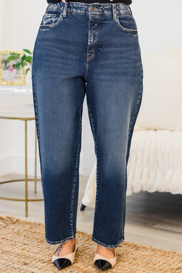 Chic Soul plus size clothing, dark wash high-waisted mom jeans with button detailing