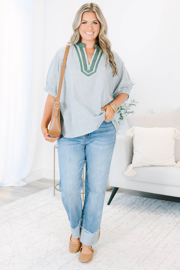 Plus Size hunter green and white striped blouse with a split v-neck and short dolman sleeves.