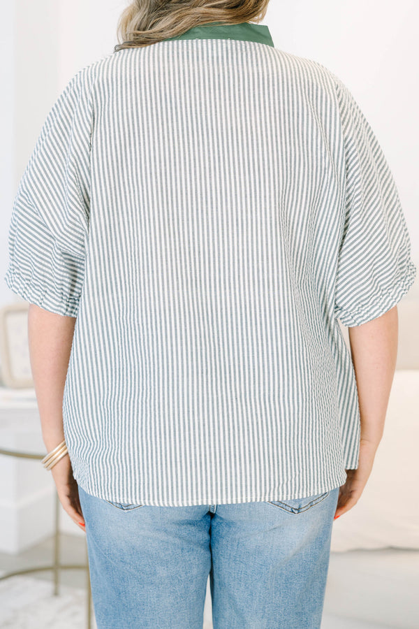 Plus Size hunter green and white striped blouse with a split v-neck and short dolman sleeves.