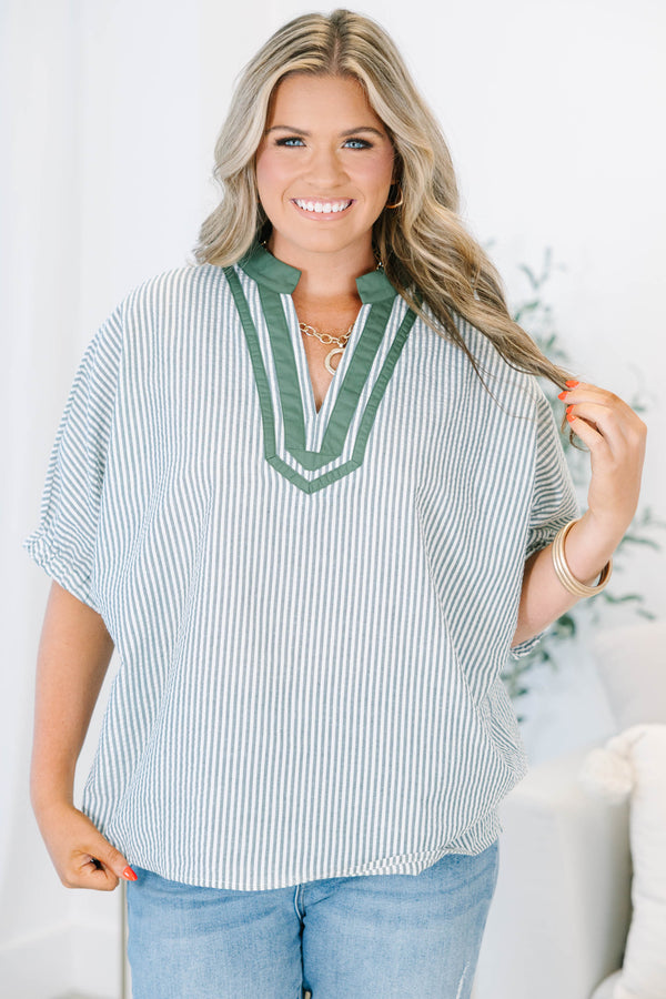 Plus Size hunter green and white striped blouse with a split v-neck and short dolman sleeves.