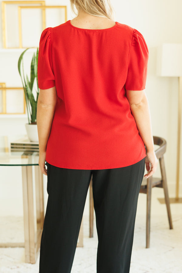 Chic Soul plus size clothing, tomato red top with a v neck and puff sleeves