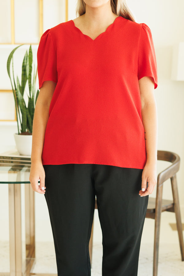 Chic Soul plus size clothing, tomato red top with a v neck and puff sleeves