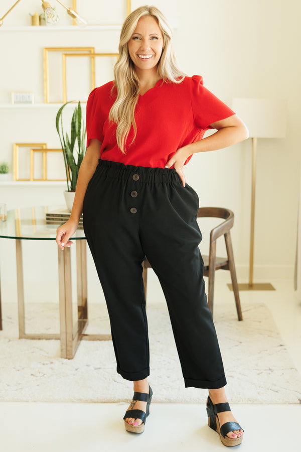 Chic Soul plus size clothing, tomato red top with a v neck and puff sleeves
