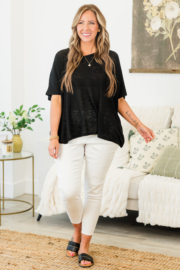 Chic Soul plus size clothing, black short sleeve flowy top with round neckline with flowy sleeves