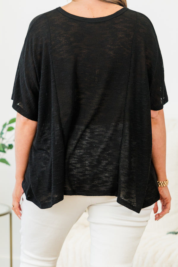 Chic Soul plus size clothing, black short sleeve flowy top with round neckline with flowy sleeves
