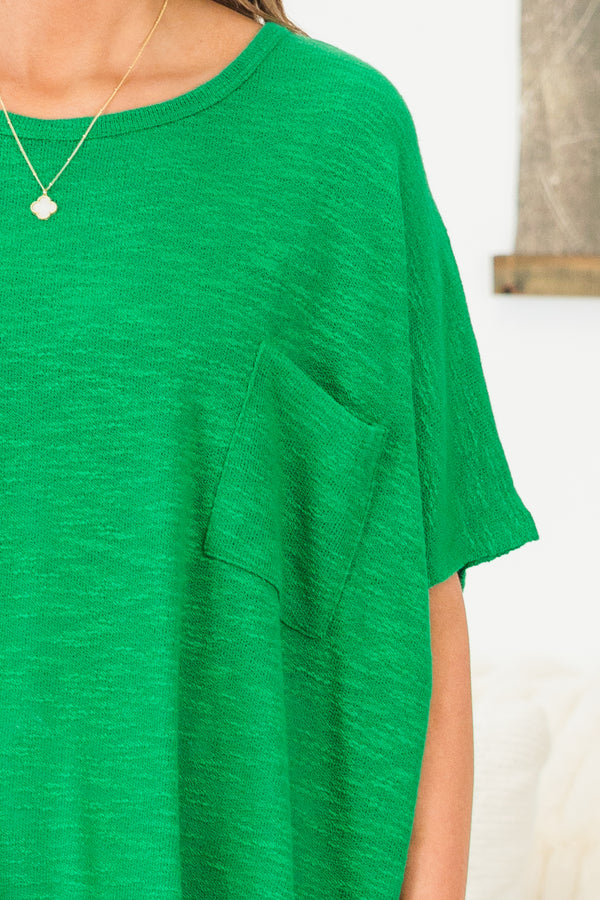 Chic Soul plus size clothing, kelly green short sleeve flowy top with round neckline with chest pocket