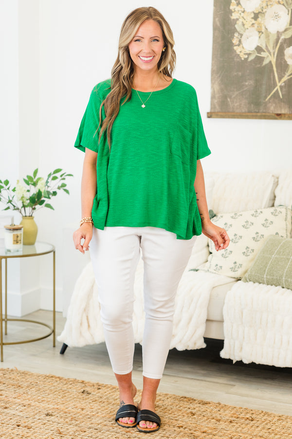 Chic Soul plus size clothing, kelly green short sleeve flowy top with round neckline with chest pocket