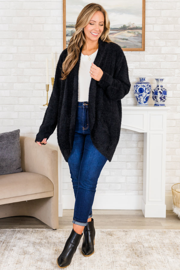 Chic Soul plus size clothing, long-sleeve thigh-length cozy furry black cardigan