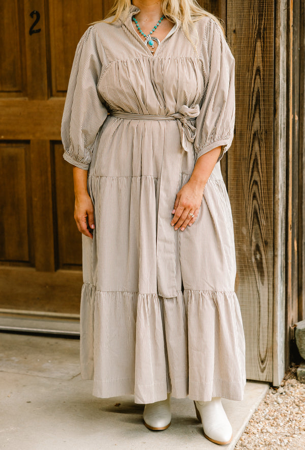 Chic Soul plus size clothing, brown and white vertical stripe long sleeve maxi dress with tie waist