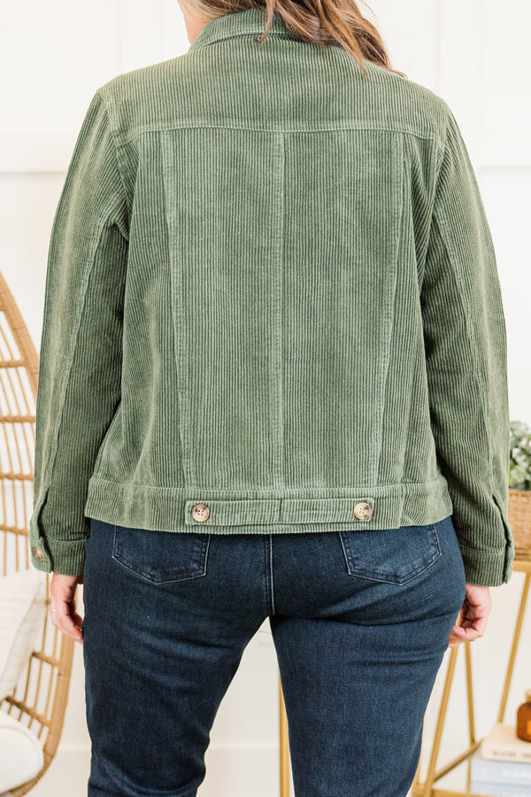 Chic Soul plus size clothing, long-sleeve olive green ribbed corduroy collared jacket with tortoise button detailing