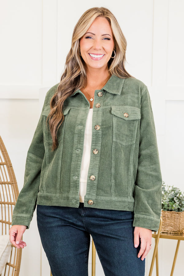 Chic Soul plus size clothing, long-sleeve olive green ribbed corduroy collared jacket with tortoise button detailing