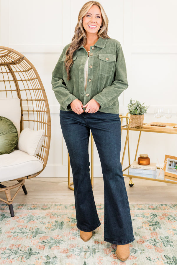 Chic Soul plus size clothing, long-sleeve olive green ribbed corduroy collared jacket with tortoise button detailing