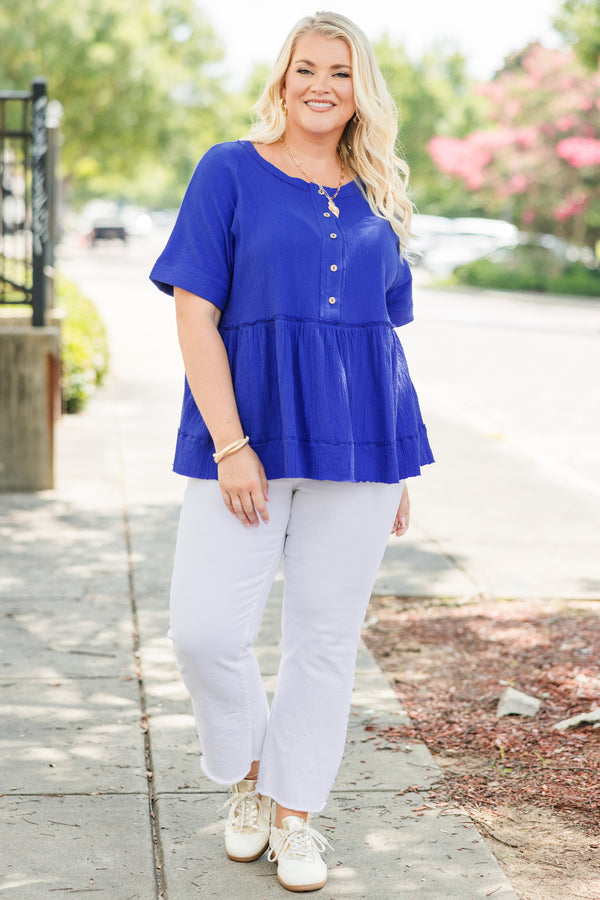 Chic Soul Plus size clothing, bright blue short sleeve casual top with distressed stichting details and buttons going down the chest 
