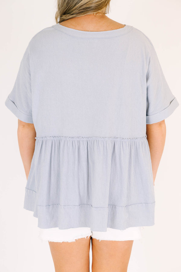 Chic Soul plus size clothing, dusty blue, short-sleeve, babydoll top with buttons going half way down the front.