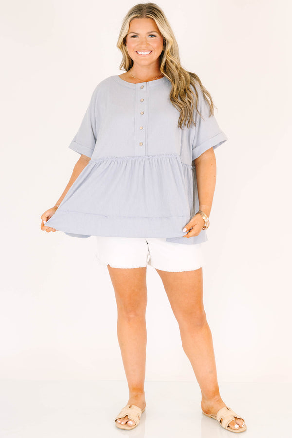 Chic Soul plus size clothing, dusty blue, short-sleeve, babydoll top with buttons going half way down the front.