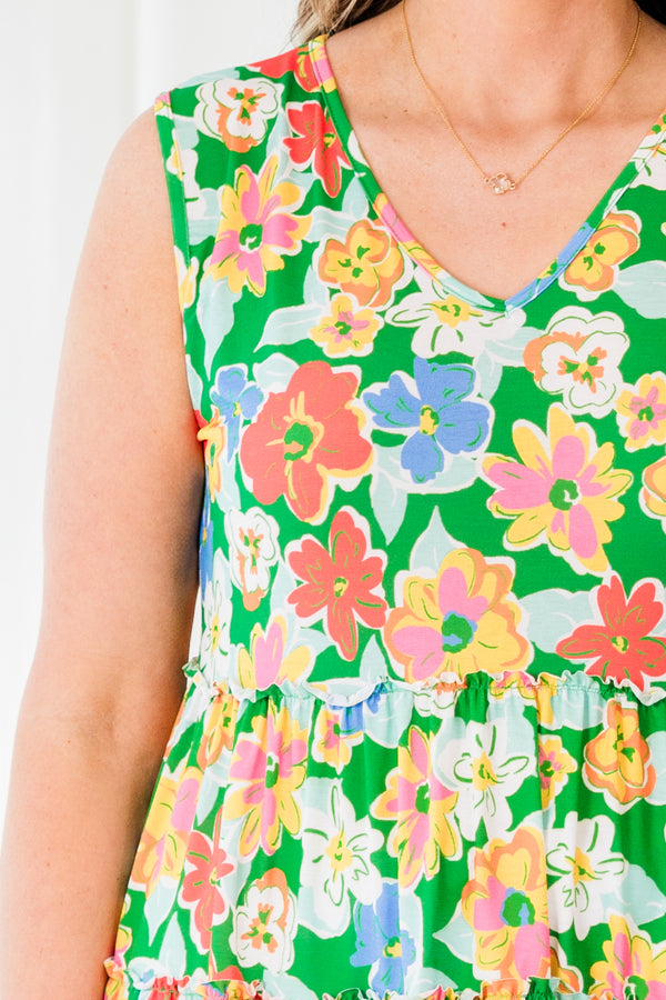 Chic Soul plus size clothing, green babydoll tiered tank with multicolor floral pattern and a v neck