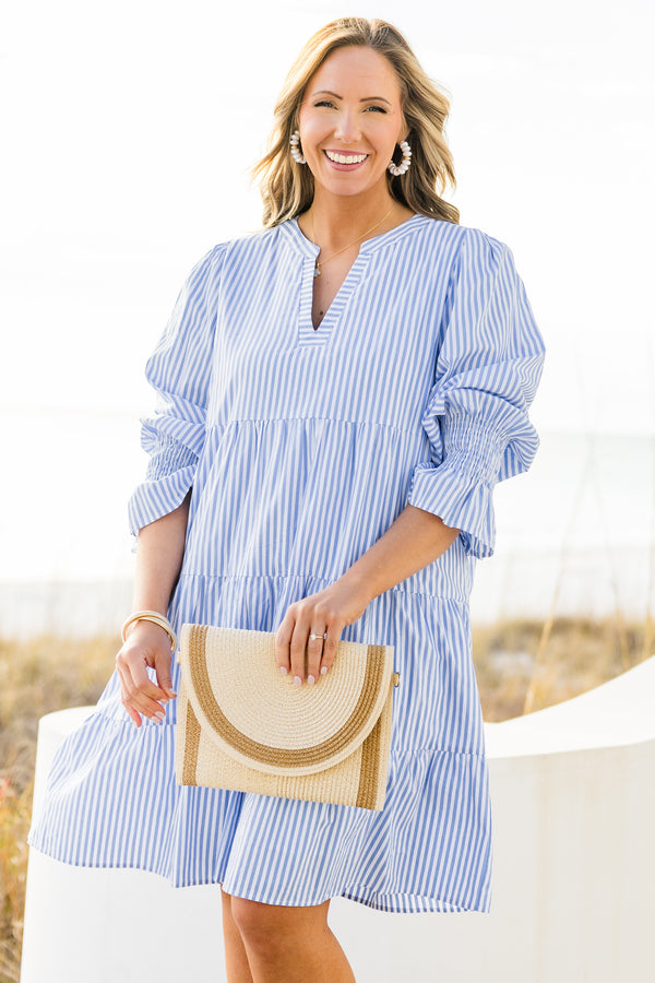 Chic Soul plus size clothing, mini bell sleeve blue and white striped baby doll dress with a split-v-neckline and smocked cuffs with ruffle detailing 
